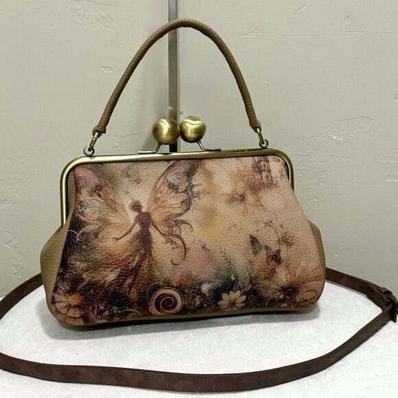 Unique Fairy Print Pebble Cowhide Handmade Large Ball Kisslock Handbag/Multi Use - Picture 1 of 16